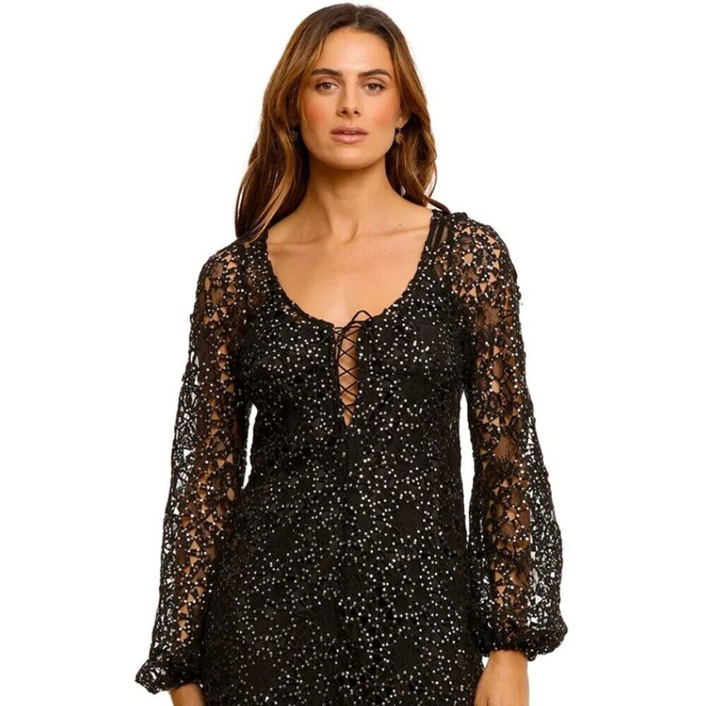 For Love & Lemons Clara Mini Dress Lace Front Black Sequin Dress Size Small